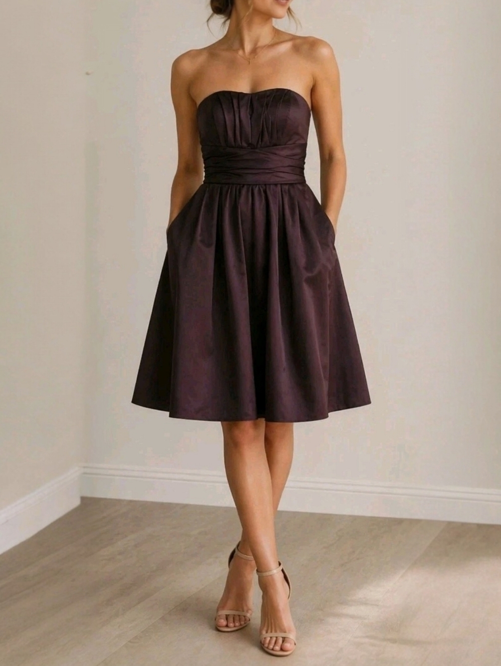 David’s Bridal Womens Strapless Plum Dress Ruched Fit Flare Size 4 Formal